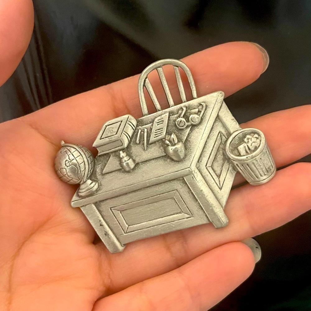 Vintage JJ Jonette Teacher School Desk Silver Tone Brooch